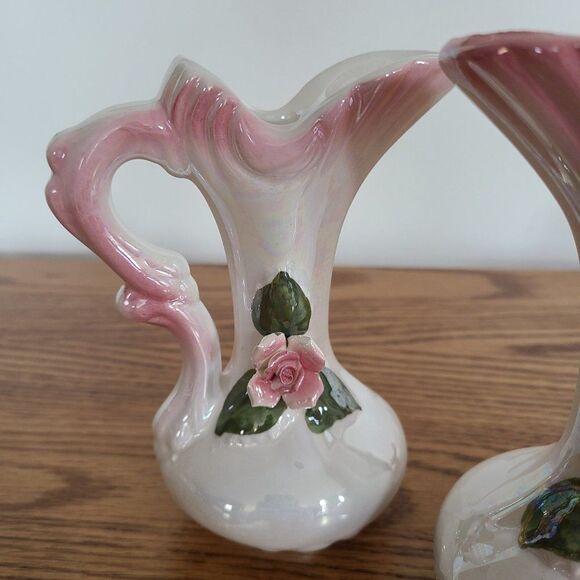 Three Piece Iridescent Lusterware Pink Bud Vase Set 3-D Capodimonte Flowers - Picture 10 of 15